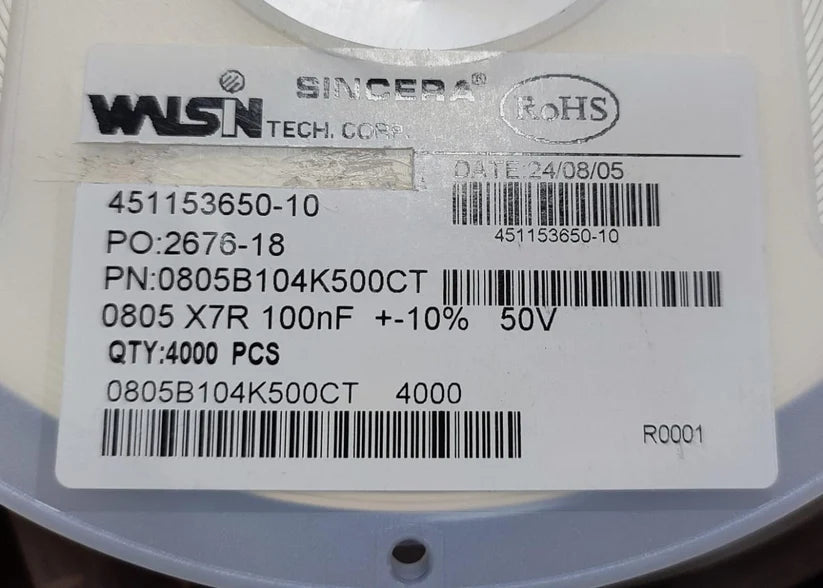 100NF 50V 0805 SMD Capacitor TOLERANCE 10% X7R 104 0.1UF