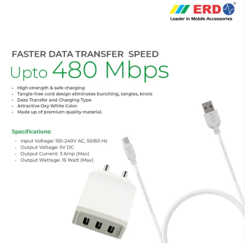 5V 3A MOBILE CHARGER WITH MICRO USB CABLE Adapter ERD