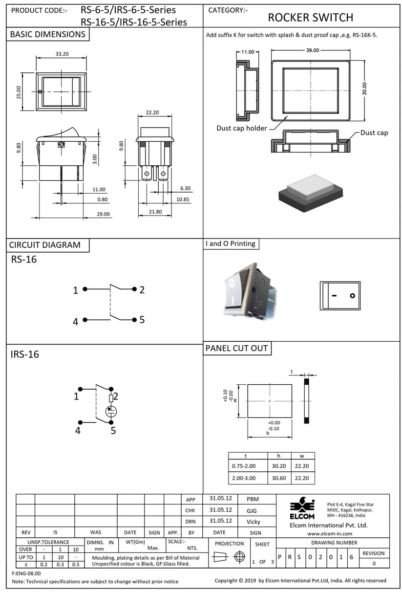 RS-16-5 RED ELCOM 16A ROCKER SWITCH 2 POSITION 4 LEG 250V