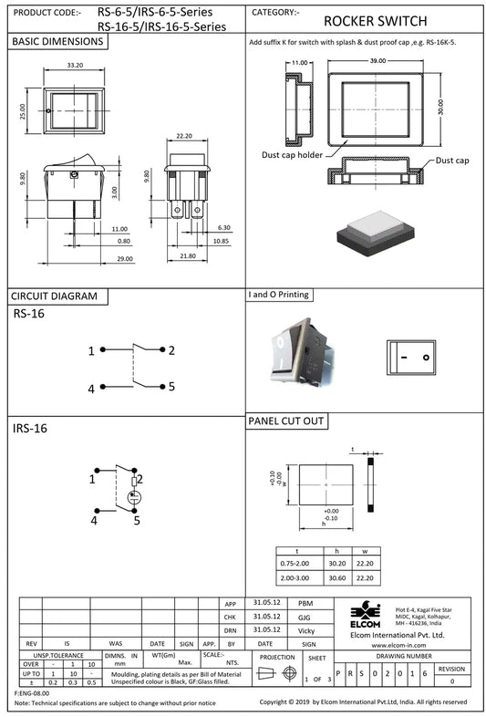 RS-16-5 RED ELCOM 16A ROCKER SWITCH 2 POSITION 4 LEG 250V